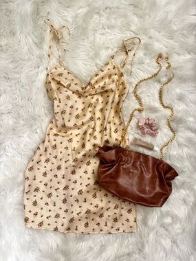 Boutique Satin Floral Dress + Anthropologie Vegan Leather Bag Bundle NWOT Style